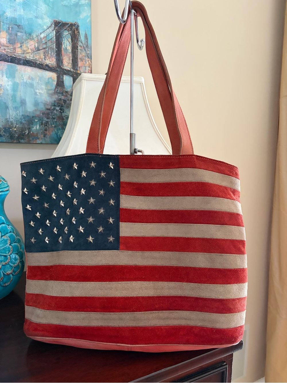 Scully vintage American Flag suede and leather zip top tote bag and NWT scarf